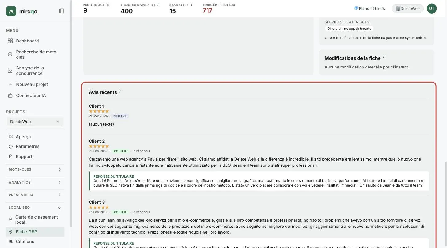 La carte Avis récents mise en évidence : avis avec auteur, étoiles, date, badge de sentiment, la mention ✓ répondu et le bloc réponse du propriétaire