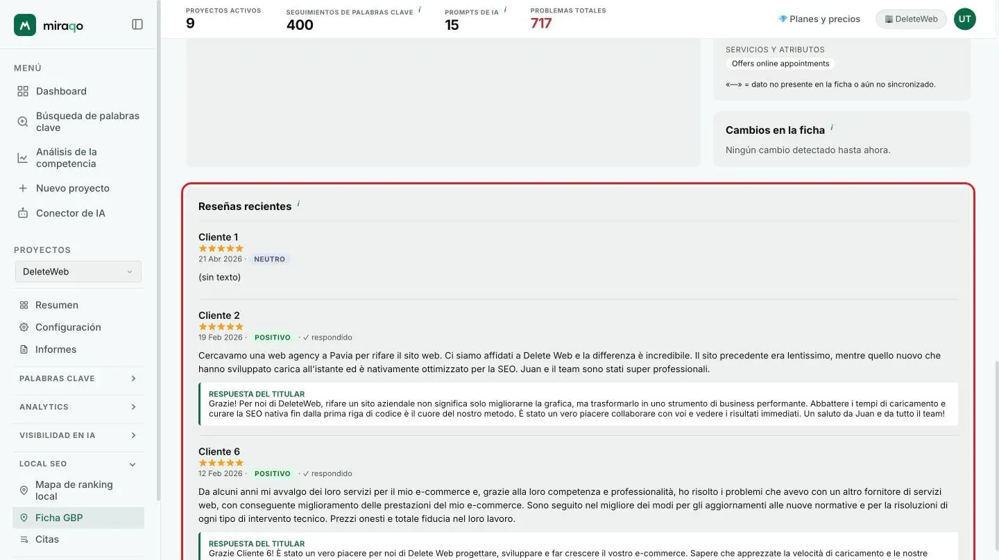 La tarjeta Reseñas recientes resaltada: reseñas con autor, estrellas, fecha, insignia de sentimiento, marca de respondido y el bloque Respuesta del propietario
