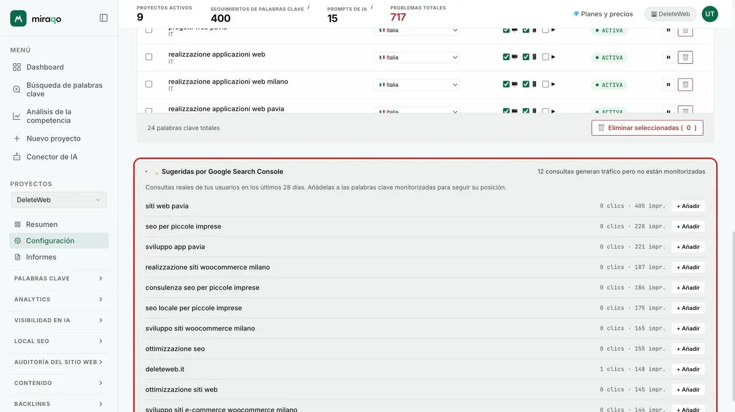 El panel Sugeridas por Google Search Console en la pestaña Keywords de Configuración: lista de consultas con clics e impresiones y el botón Añadir en cada fila