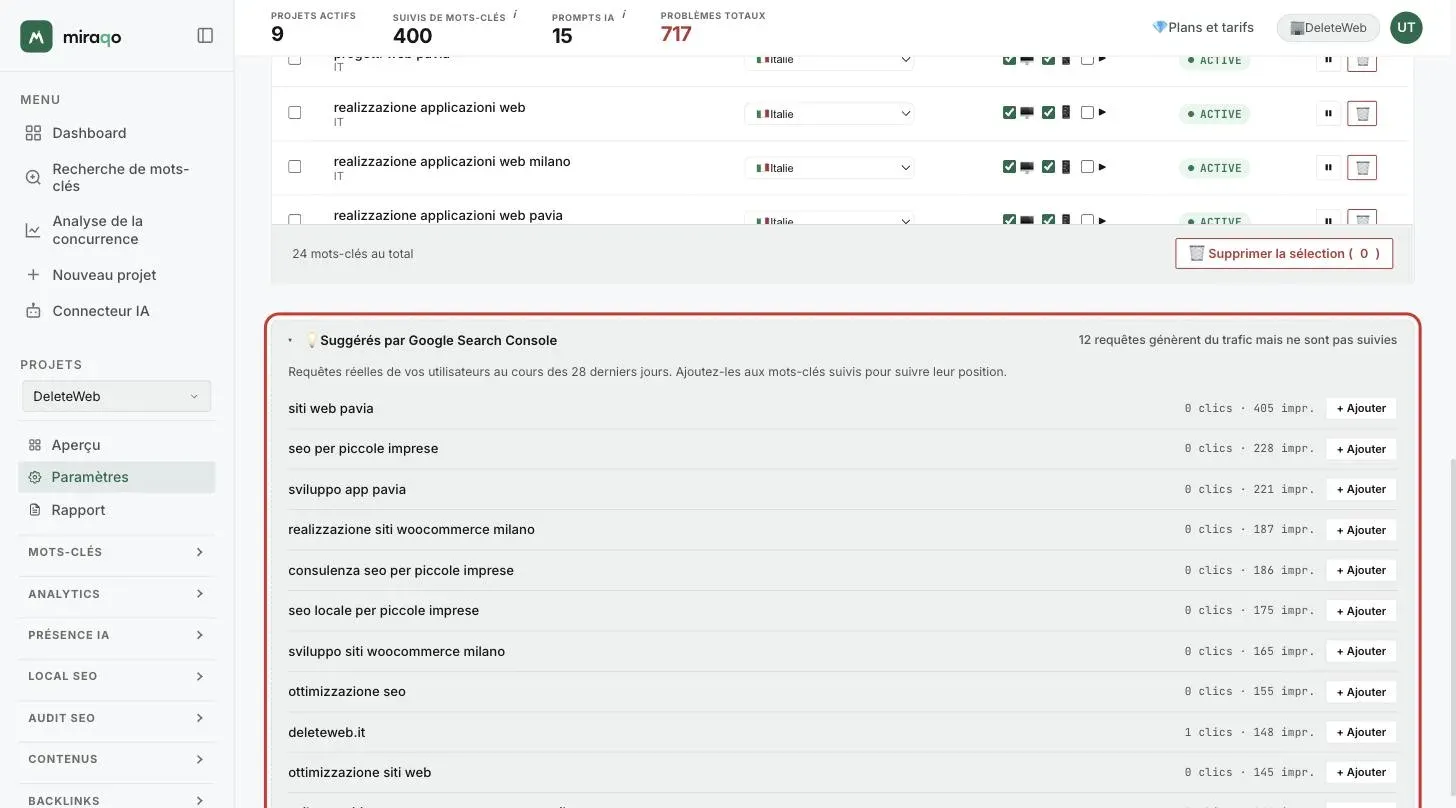 Le panneau « Suggérés par Google Search Console » dans l’onglet Mots-clés des Paramètres : liste des requêtes avec clics et impressions et le bouton Ajouter pour chaque ligne