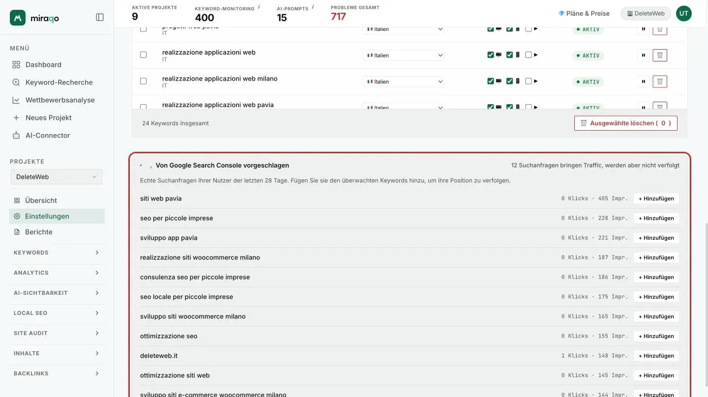 Das Panel Von Google Search Console vorgeschlagen im Tab Keywords der Einstellungen: die Liste der Suchanfragen mit Klicks und Impressionen und dem Button Hinzufügen für jede Zeile