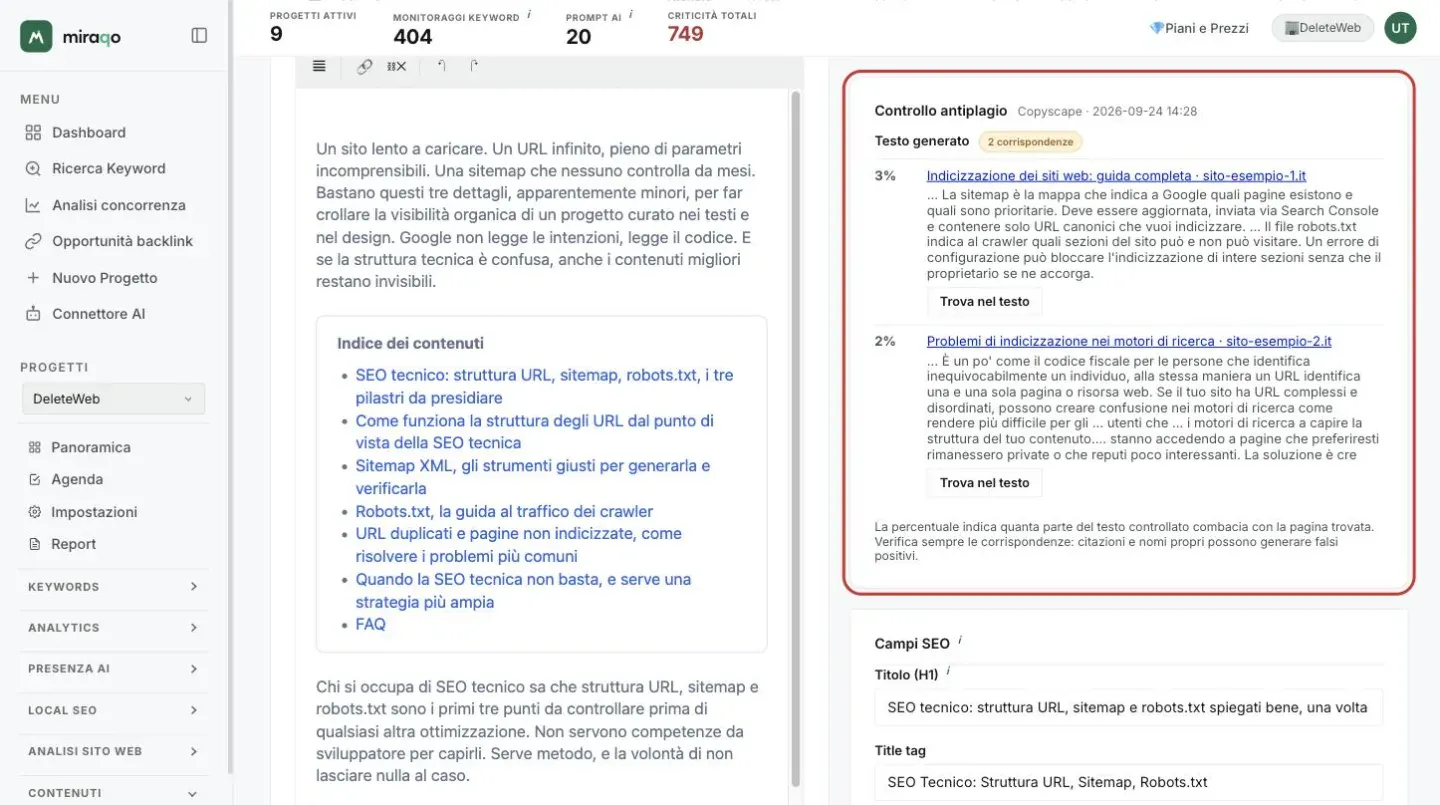 La card Controllo antiplagio evidenziata accanto all’editor: 2 corrispondenze sul testo generato, per ciascuna la percentuale (3% e 2%), il titolo della pagina trovata, l’estratto in comune e il pulsante Trova nel testo; in fondo la nota su come leggere le percentuali