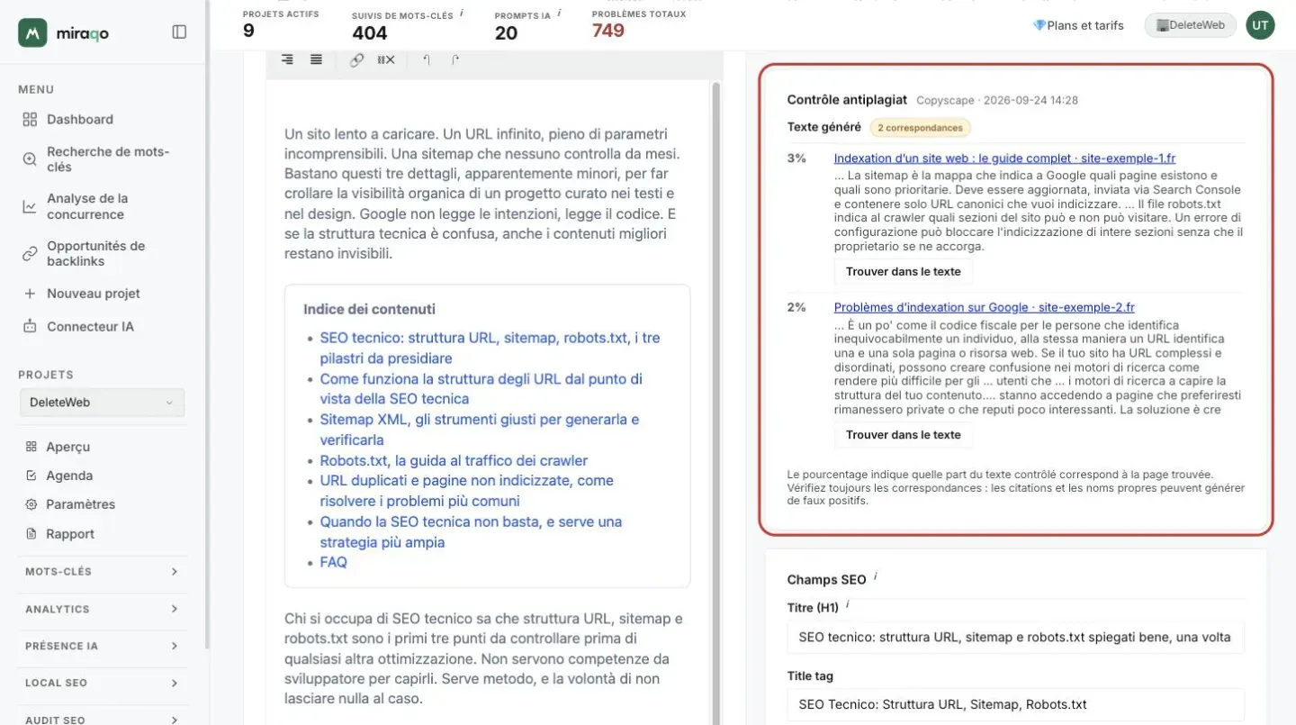 La carte Contrôle antiplagiat mise en valeur à côté de l’éditeur : 2 correspondances sur le texte généré, pour chacune le pourcentage (3 % et 2 %), le titre de la page trouvée, l’extrait commun et le bouton Trouver dans le texte ; en bas la note sur la façon de lire les pourcentages