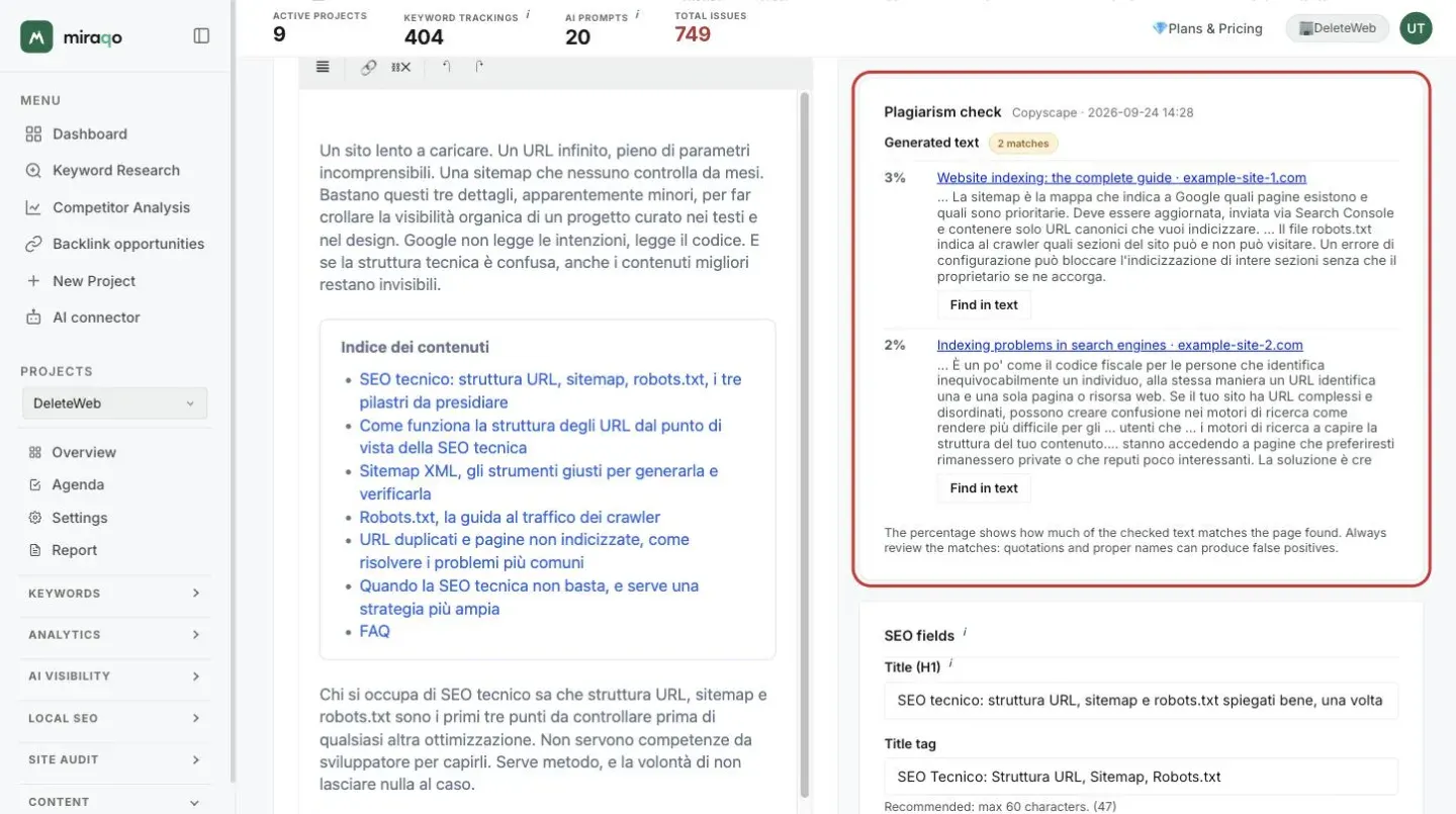 The Plagiarism check card, highlighted next to the editor: 2 matches on the generated text, for each one the percentage (3% and 2%), the title of the page found, the shared excerpt and the Find in text button; at the bottom the note on how to read the percentages