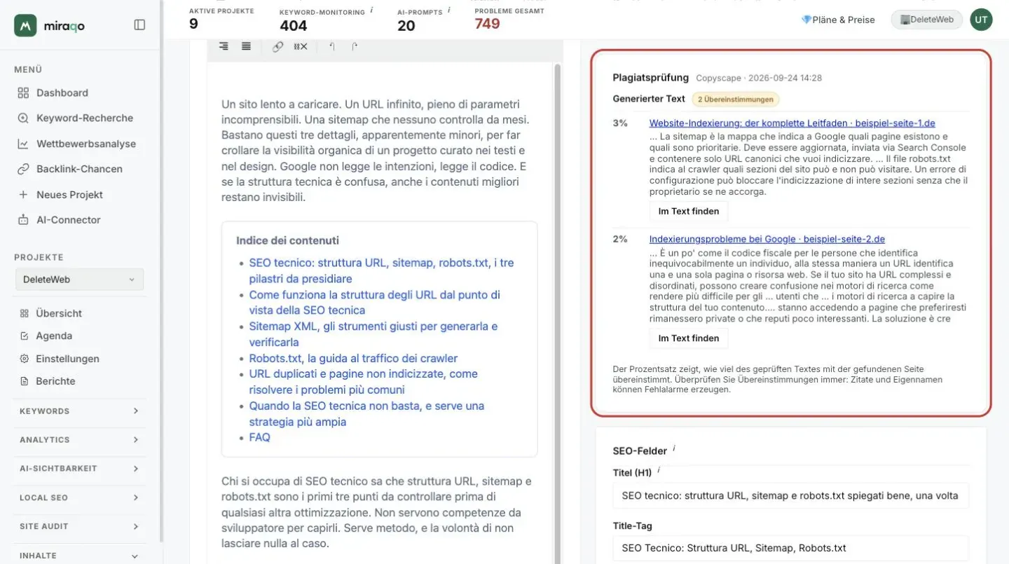 Die hervorgehobene Karte Plagiatsprüfung neben dem Editor: 2 Übereinstimmungen im generierten Text, für jede der Prozentwert (3 % und 2 %), der Titel der gefundenen Seite, der gemeinsame Auszug und der Button Im Text finden; unten der Hinweis, wie die Prozentwerte zu lesen sind