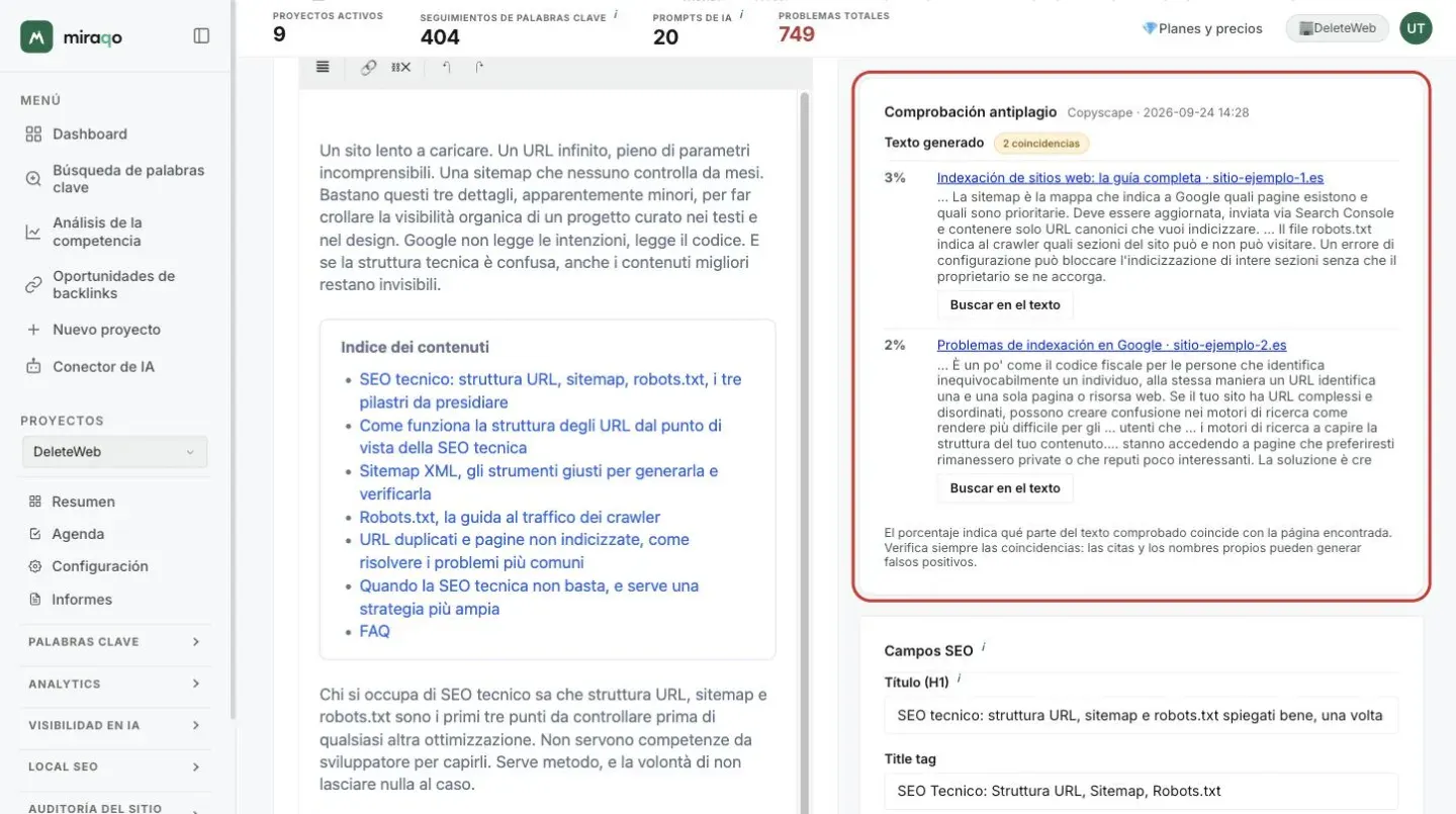 La tarjeta Comprobación antiplagio resaltada junto al editor: 2 coincidencias en el texto generado, para cada una el porcentaje (3 % y 2 %), el título de la página encontrada, el extracto en común y el botón Buscar en el texto; al final la nota sobre cómo leer los porcentajes