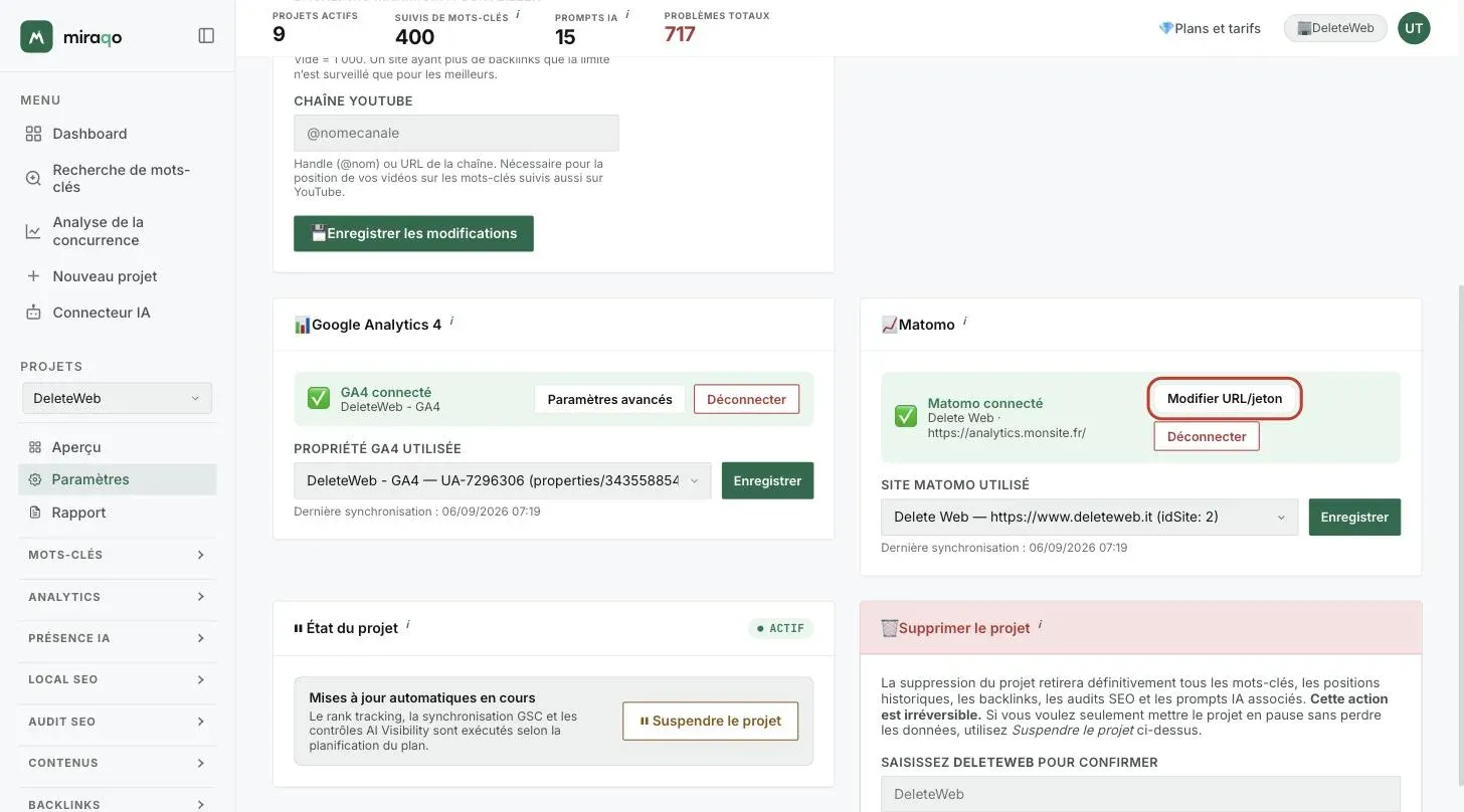 Les cartes Google Analytics 4 et Matomo toutes deux connectées dans Paramètres → Général : dans la carte Matomo le bouton Modifier URL/jeton mis en évidence, en dessous la liste déroulante Site Matomo utilisé avec Enregistrer et la date de la dernière synchronisation