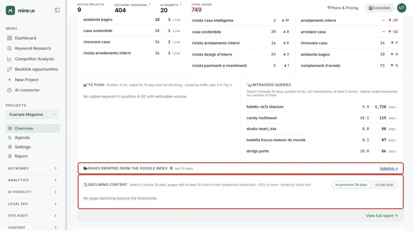 The two bottom rows of the Keyword Ranking Overview widget highlighted: Pages dropped from the Google index with the count for the last 30 days and the Indexing link, and Declining content with its thresholds, the vs previous 28 days and vs last year buttons and the note No page declining beyond the thresholds