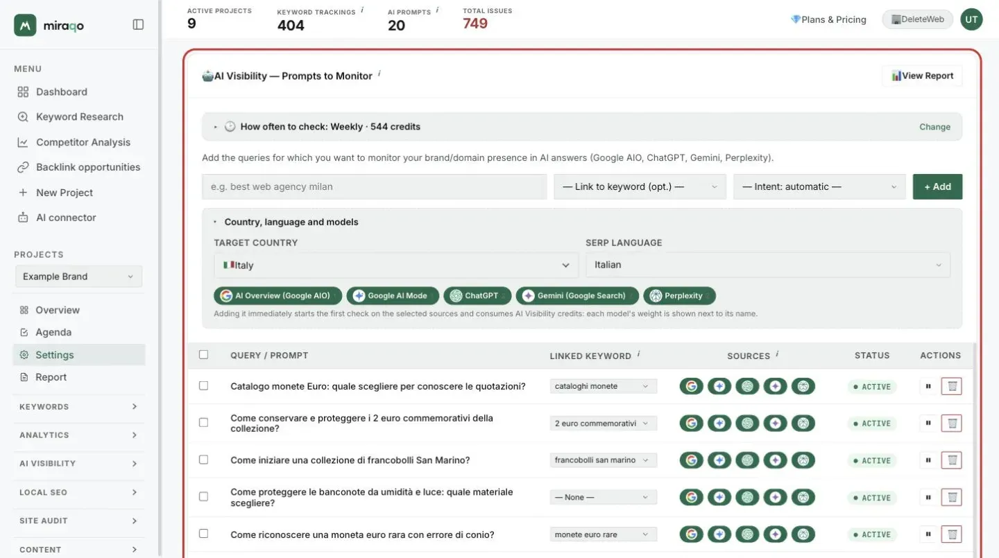 The Prompts to Monitor card in the AI Prompts tab: at the top the How often to check row, then the form with the prompt field, the keyword to link and the intent, the open Country, language and models section with the five models and their credit weight; below, the table of prompts with sources, status and actions