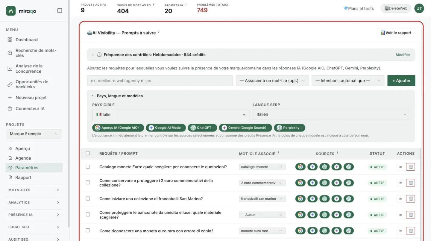La carte Prompts à suivre de l’onglet Prompts IA : en tête la ligne Fréquence des contrôles, puis le formulaire avec le champ du prompt, le mot-clé à relier et l’intention, la section ouverte Pays, langue et modèles avec les cinq modèles et leur poids en crédits ; dessous le tableau des prompts avec sources, statut et actions