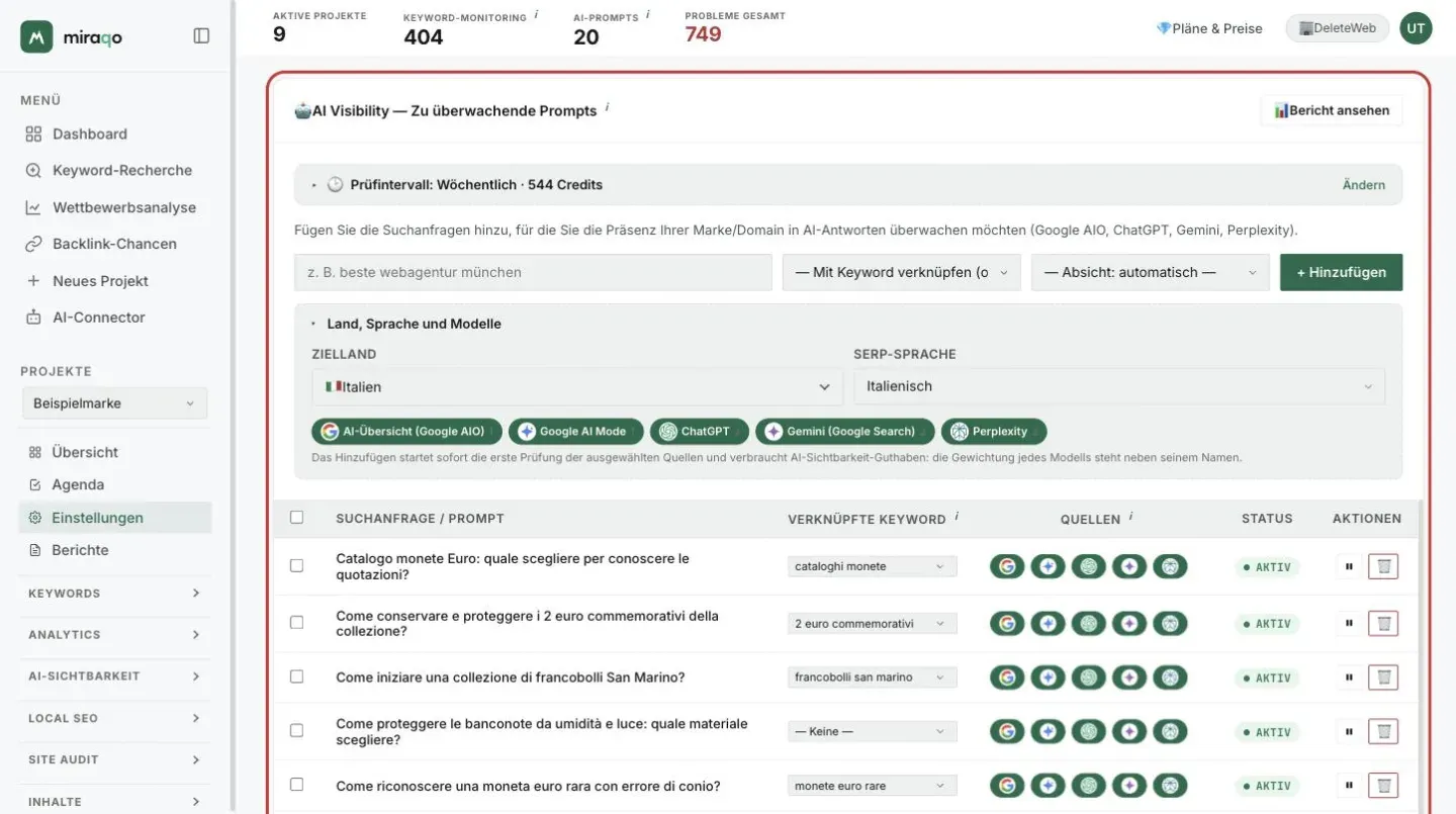 Der Tab AI-Prompts der Einstellungen, hervorgehobene Karte Zu überwachende Prompts: ganz oben die Zeile Prüfintervall, dann das Formular mit dem Prompt-Feld, der zu verknüpfenden Keyword und der Intention, der geöffnete Bereich Land, Sprache und Modelle mit Zielland, SERP-Sprache und den fünf Modellen samt Gewicht in Credits; darunter die Tabelle der Prompts mit Quellen, Status und Aktionen