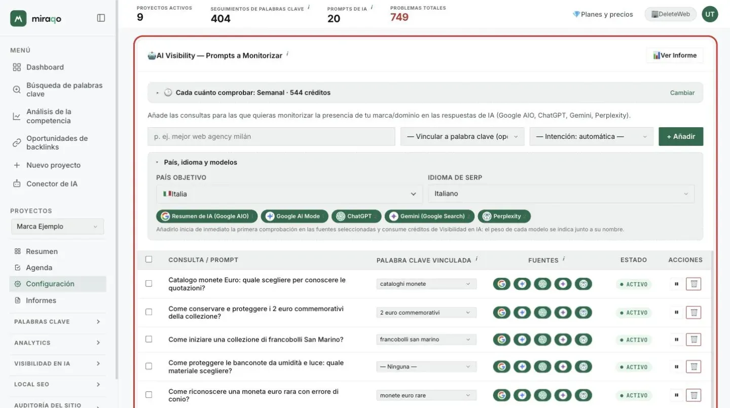 La tarjeta Prompts a Monitorizar de la pestaña Prompts de IA: arriba la fila Cada cuánto comprobar, luego el formulario con el campo del prompt, la keyword a vincular y la intención, la sección abierta País, idioma y modelos con los cinco modelos y su peso en créditos; debajo la tabla de prompts con fuentes, estado y acciones