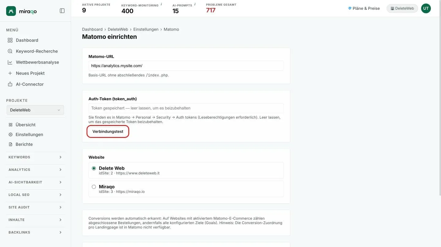 Das Formular Matomo konfigurieren: die Felder Matomo-URL und Auth-Token, der hervorgehobene Button Verbindungstest, darunter die Wahl der Website und die optionalen Filter