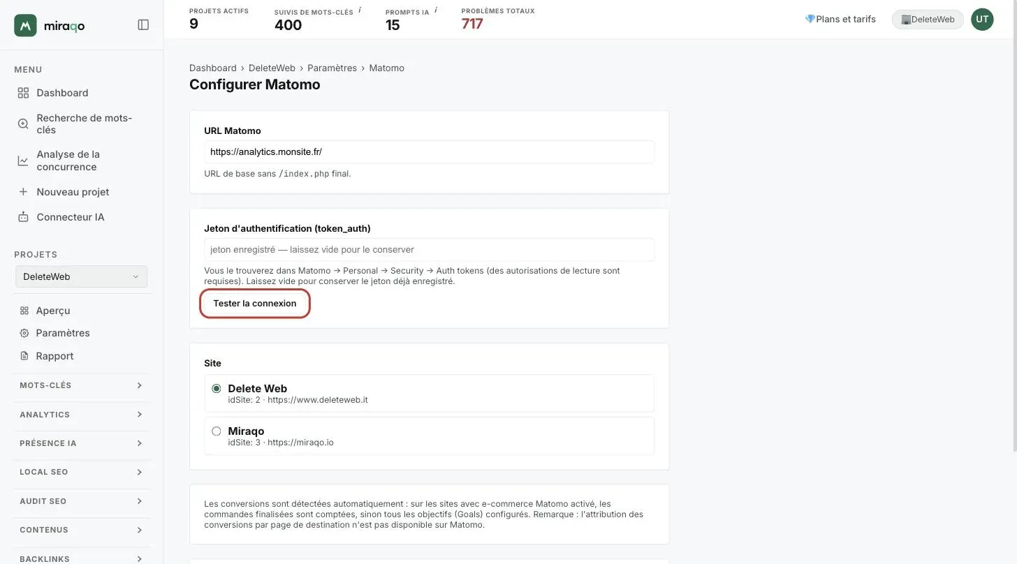Le formulaire de configuration de Matomo : champs URL Matomo et token d’authentification, bouton Tester la connexion mis en évidence, en dessous le choix du site et les Filtres optionnels