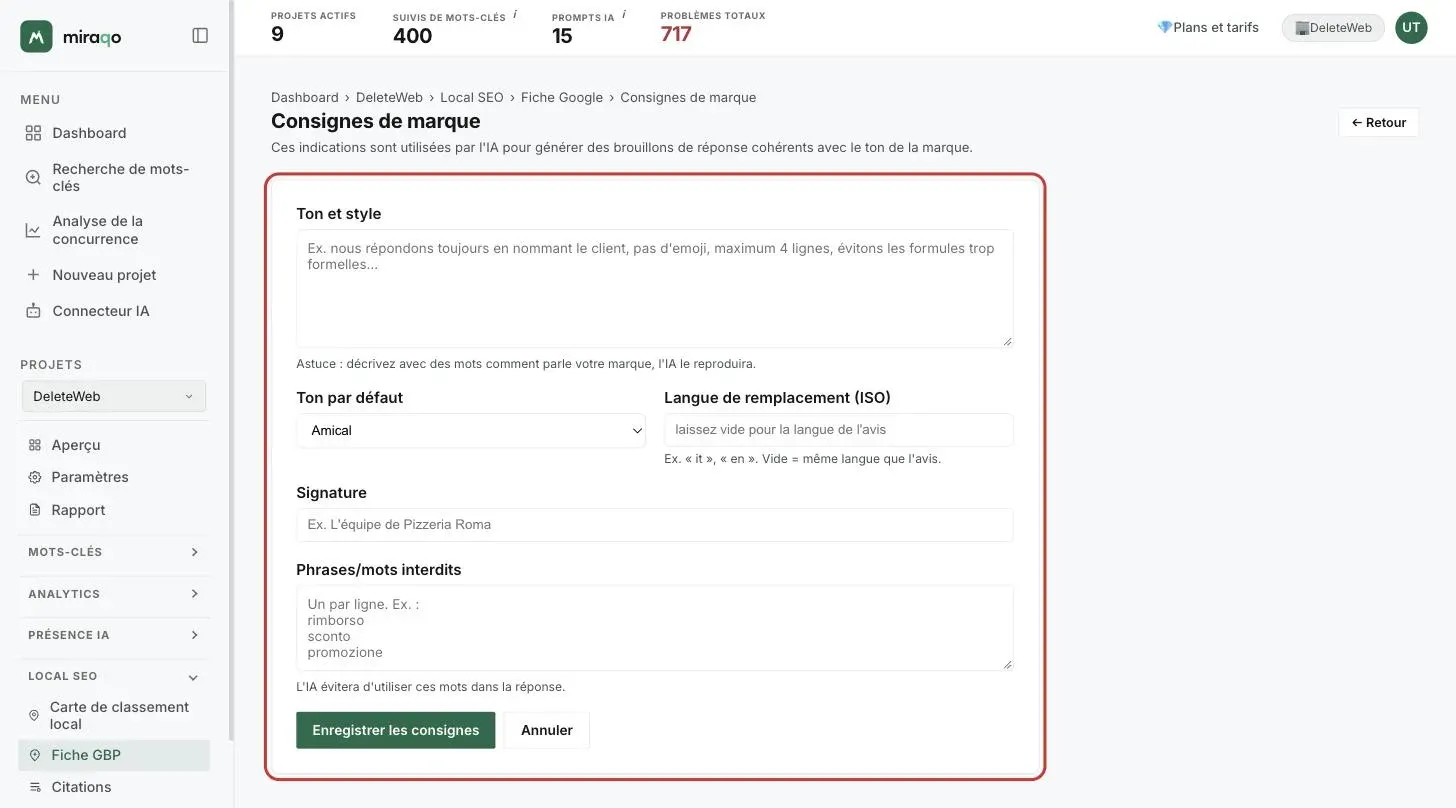 La page Consignes de marque avec le formulaire mis en évidence : Ton et style, Ton par défaut, Langue de remplacement (ISO), Signature, Phrases/mots interdits et le bouton Enregistrer les consignes