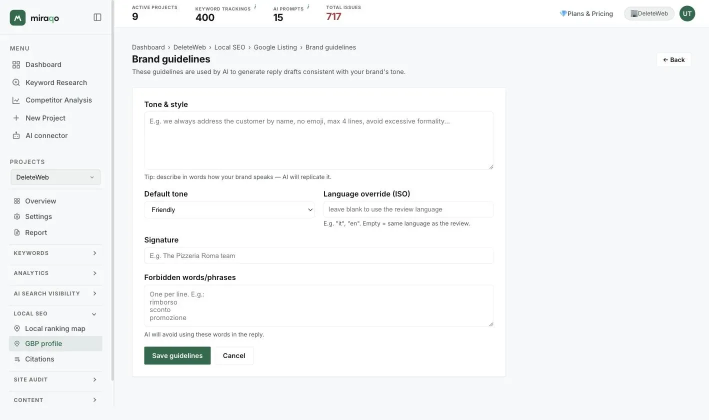 The Brand guidelines page with the form, highlighted: Tone and style, Default tone, Language override, Signature, Forbidden words/phrases and the Save guidelines button