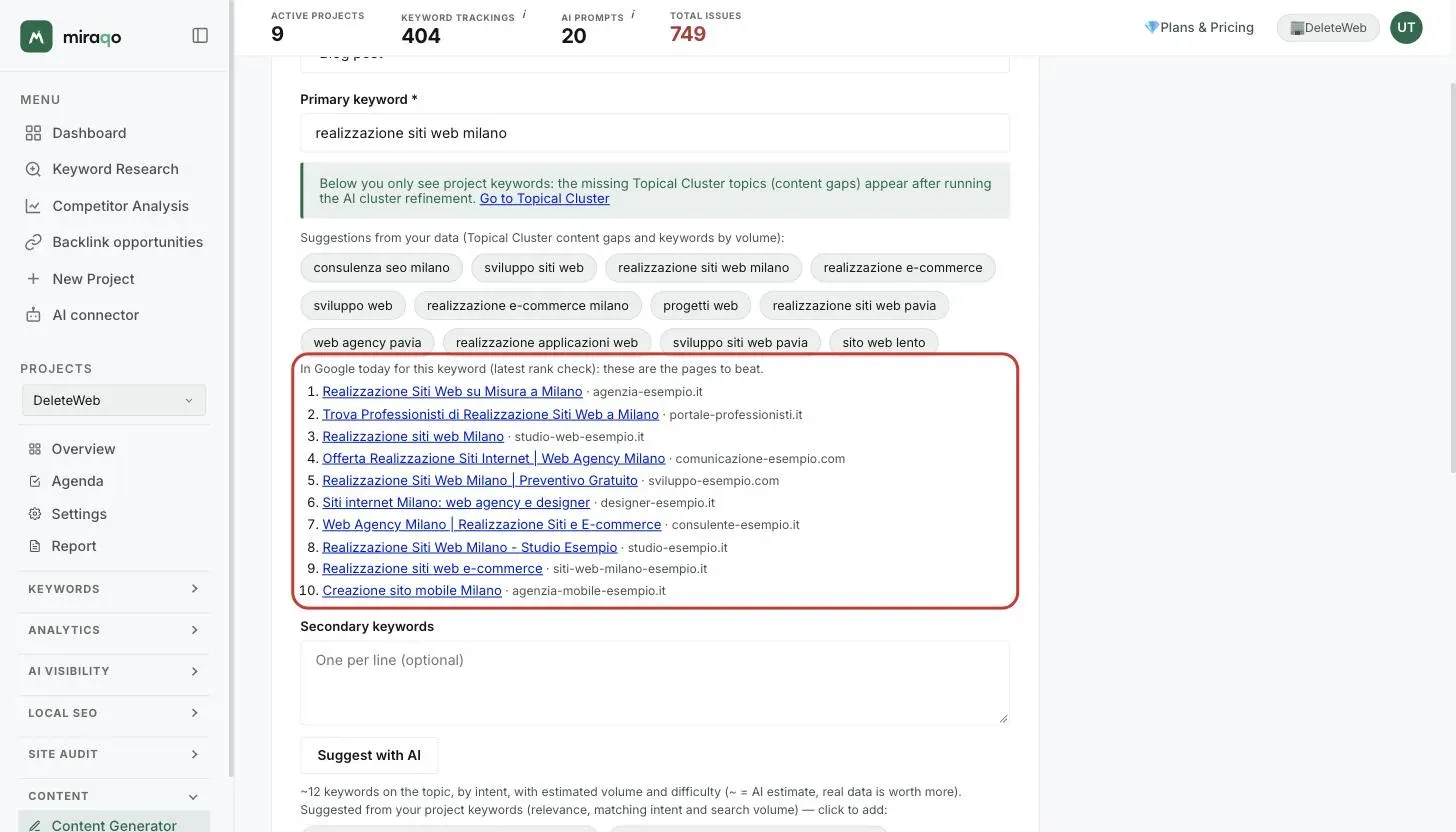 The In Google today card highlighted under the Primary keyword «realizzazione siti web milano»: the top 10 results from the latest rank check, each with title and domain
