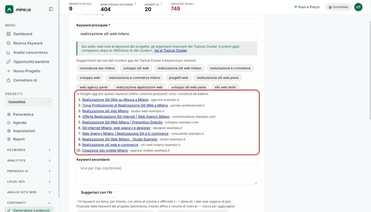 La card In Google oggi evidenziata sotto la Keyword principale «realizzazione siti web milano»: i primi 10 risultati dell’ultimo controllo posizioni, ciascuno con titolo e dominio