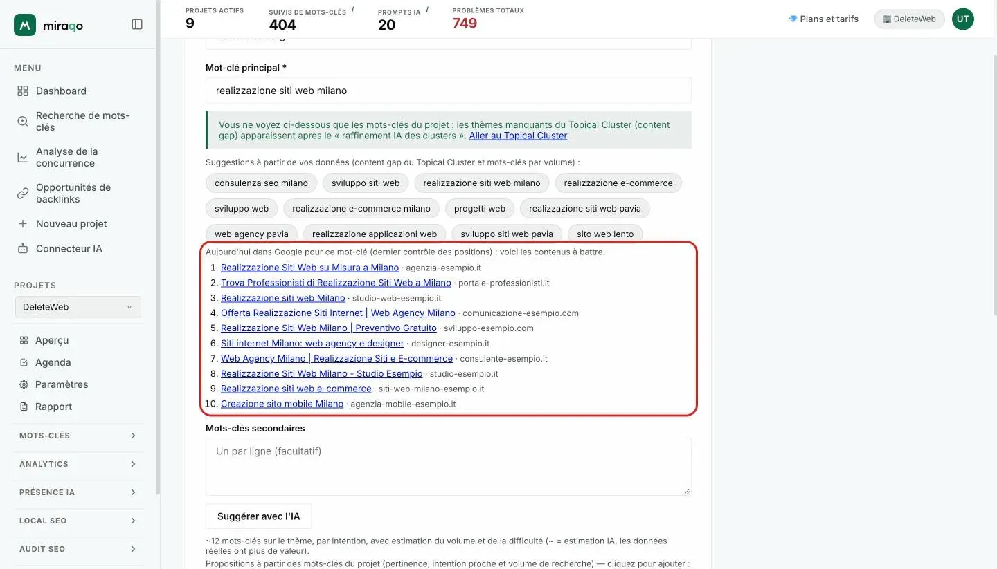La carte Aujourd’hui dans Google mise en évidence sous le Mot-clé principal «realizzazione siti web milano» : les 10 premiers résultats du dernier contrôle des positions, chacun avec son titre et son domaine