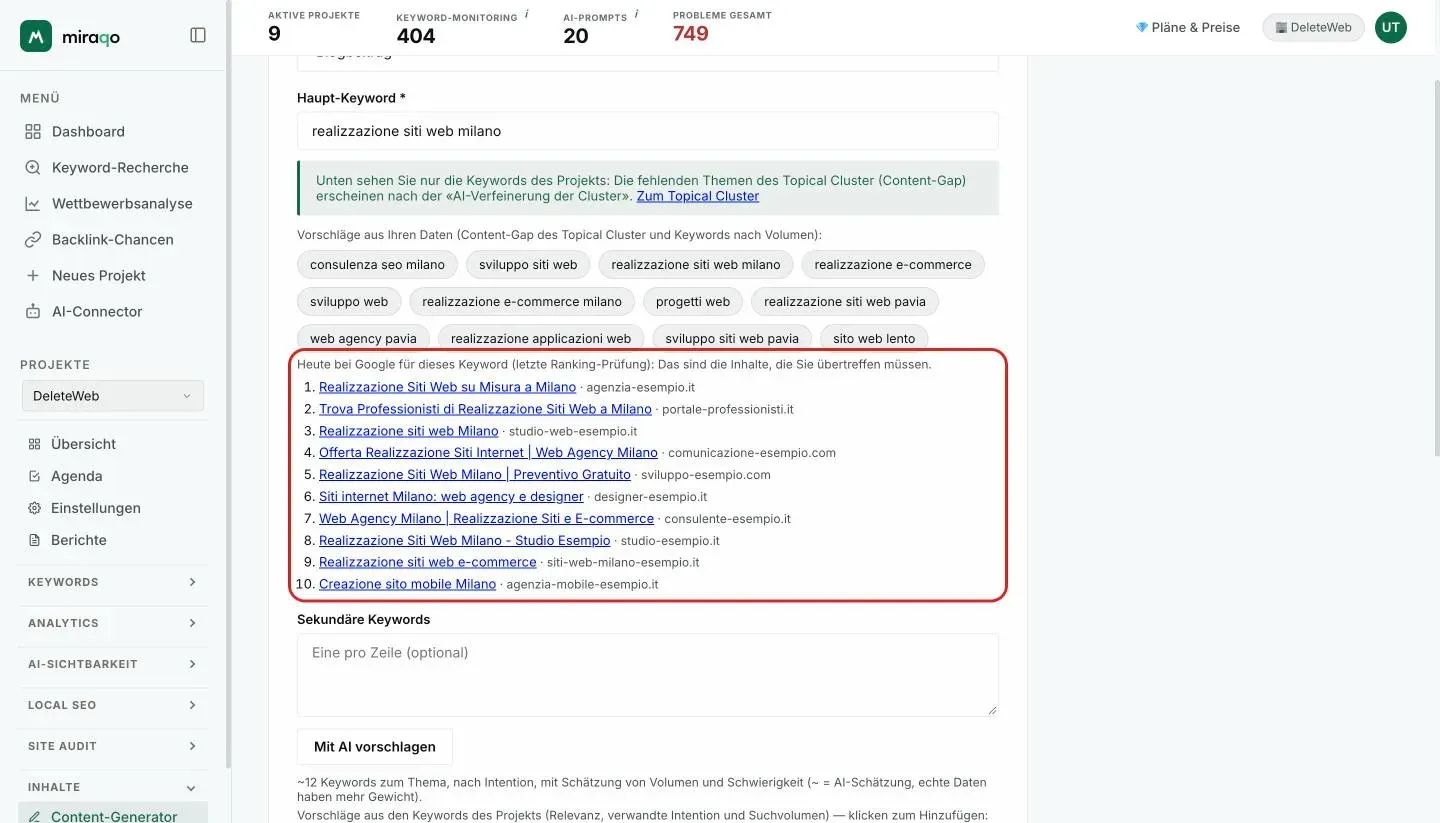 Die Karte Heute bei Google hervorgehoben unter dem Haupt-Keyword «realizzazione siti web milano»: die ersten 10 Ergebnisse der letzten Ranking-Prüfung, jeweils mit Titel und Domain