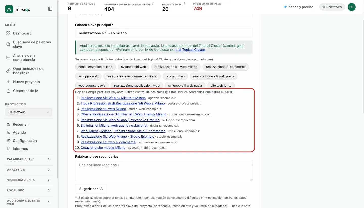 La tarjeta Hoy en Google resaltada bajo la Palabra clave principal «realizzazione siti web milano»: los 10 primeros resultados del último control de posiciones, cada uno con título y dominio